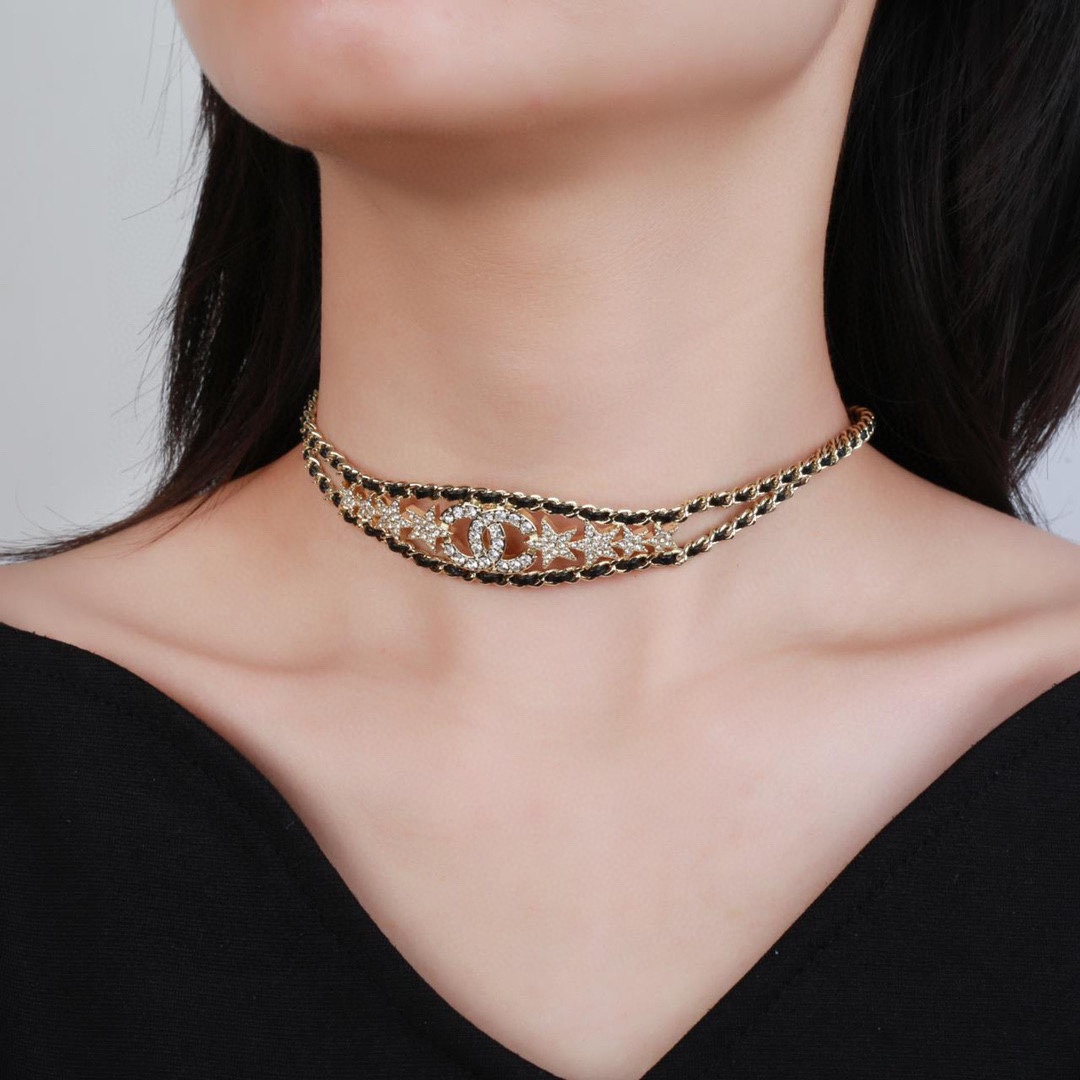 CCN472 CC metal leather double-deck star choker necklace - ccjewelryacc