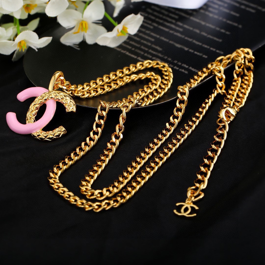 CCN474 CC metal chain Pink cc logo pendant necklace - ccfashionjewelry