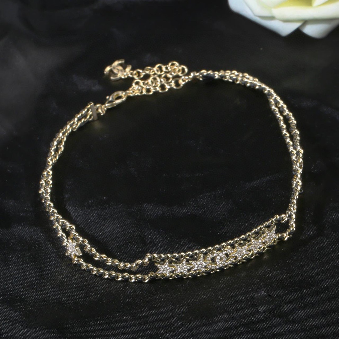 CCN472 CC metal leather double-deck star choker necklace - ccjewelryacc