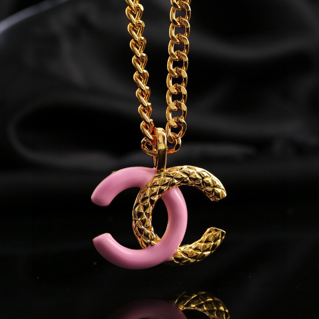 CCN474 CC metal chain Pink cc logo pendant necklace - ccjewelryacc