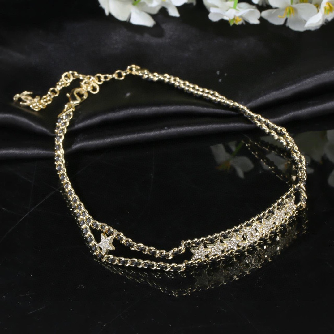 CCN472 CC metal leather double-deck star choker necklace - ccfashionjewelry