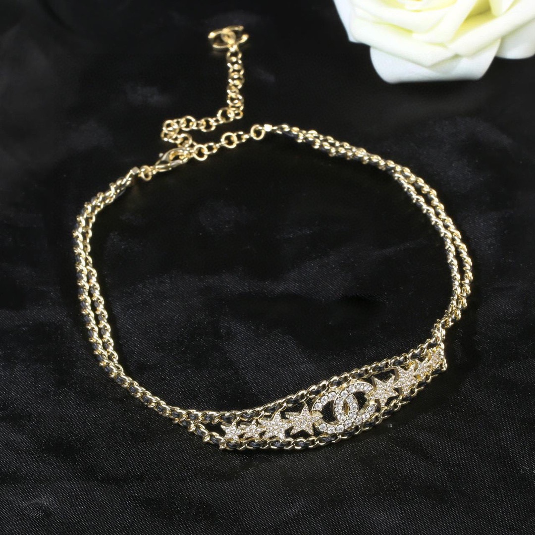 CCN472 CC metal leather double-deck star choker necklace - ccjewelryacc