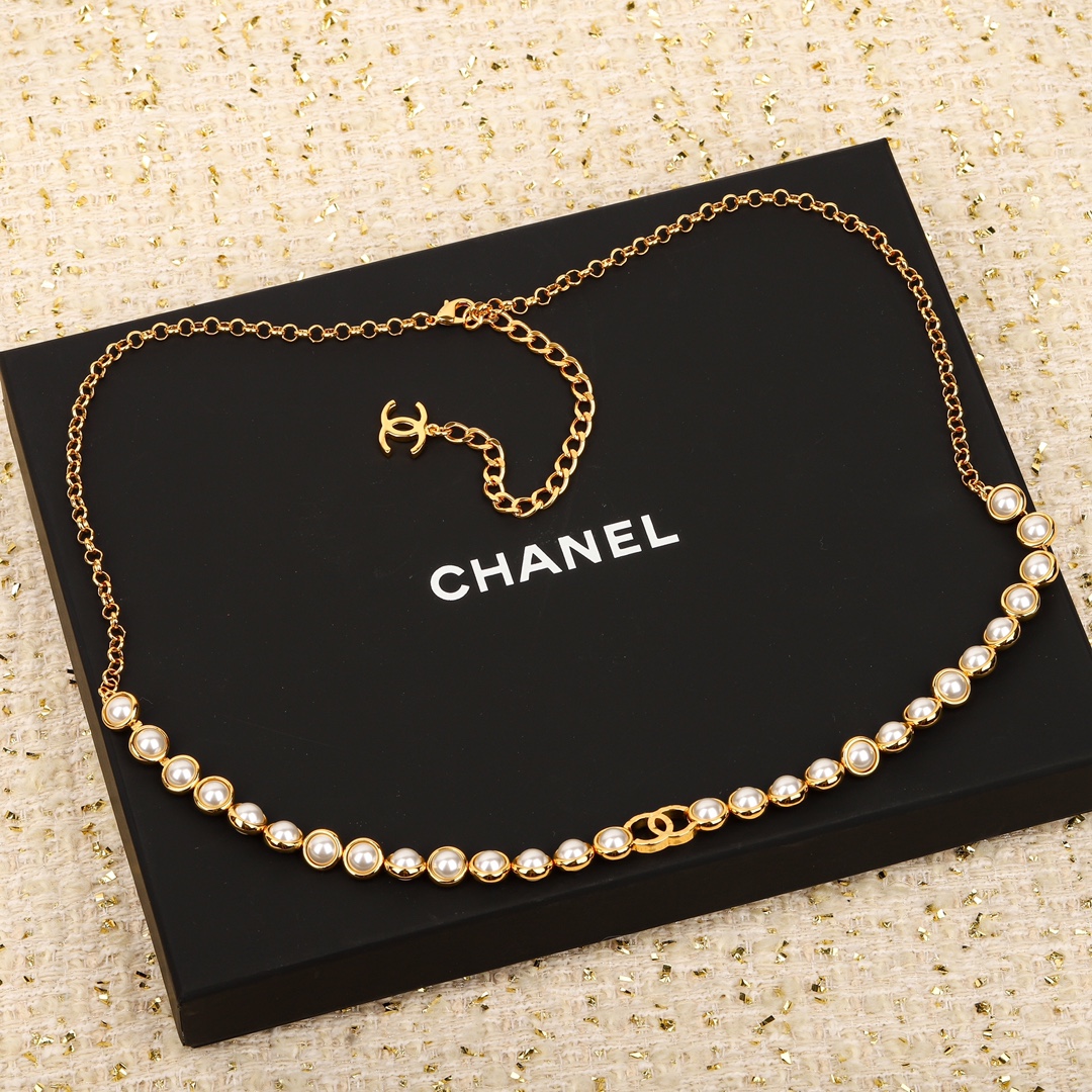 CCW061 CC metal pearl chain cc logo waist chain belt - ccfashionjewelry
