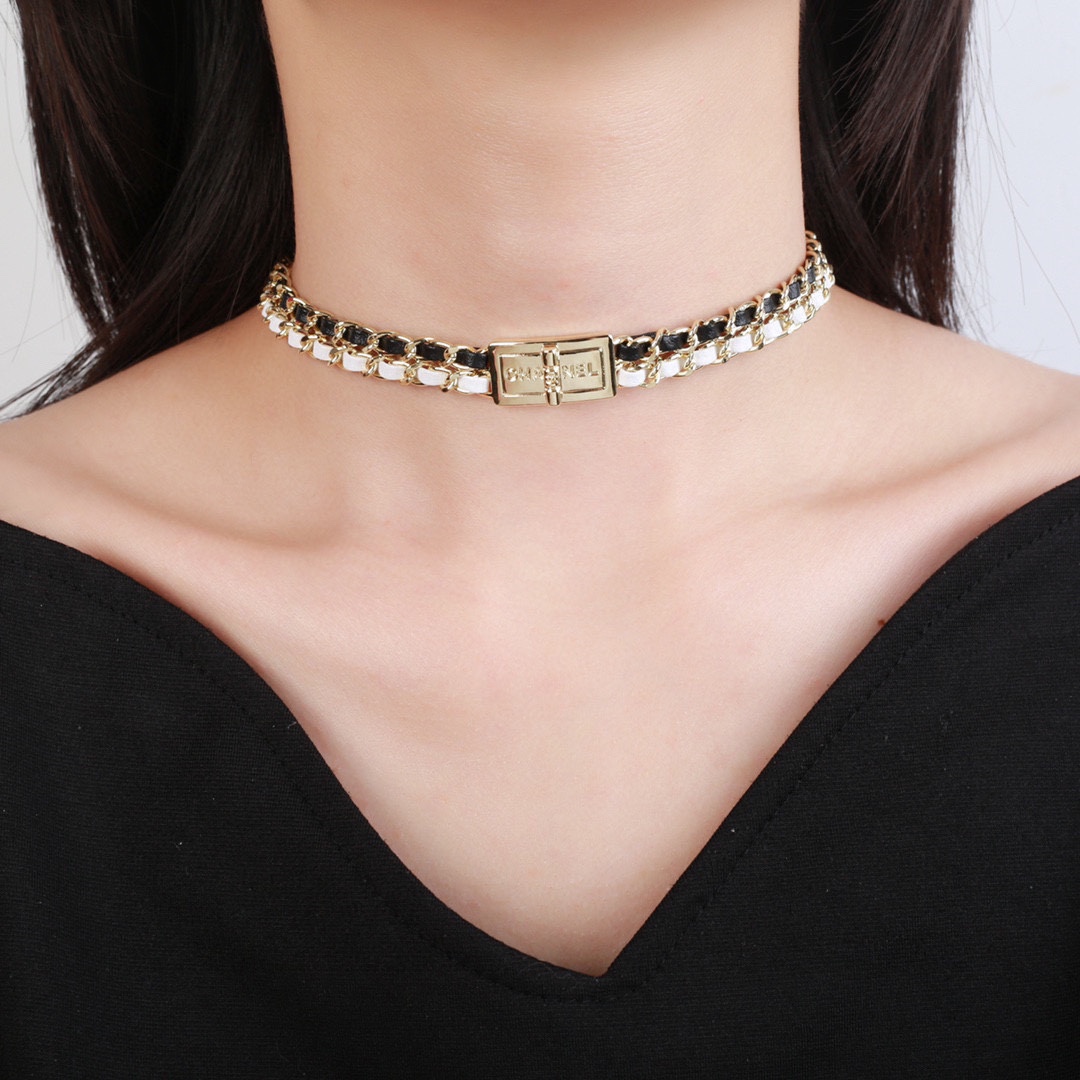 CCN478 CC white and black metal leather choker necklace - ccjewelryacc