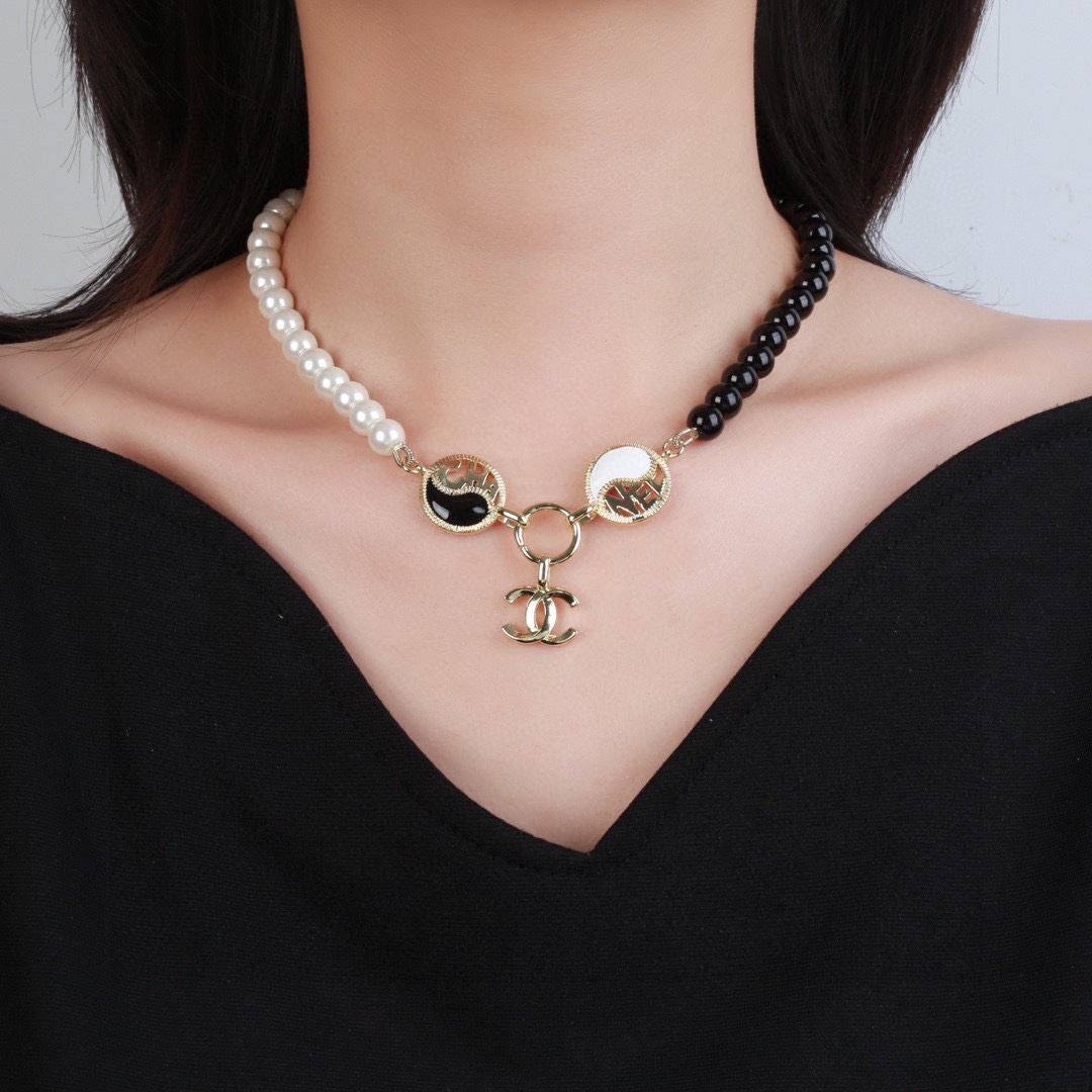 CCN477 CC White and black pearls Taichi choker necklace - ccfashionjewelry