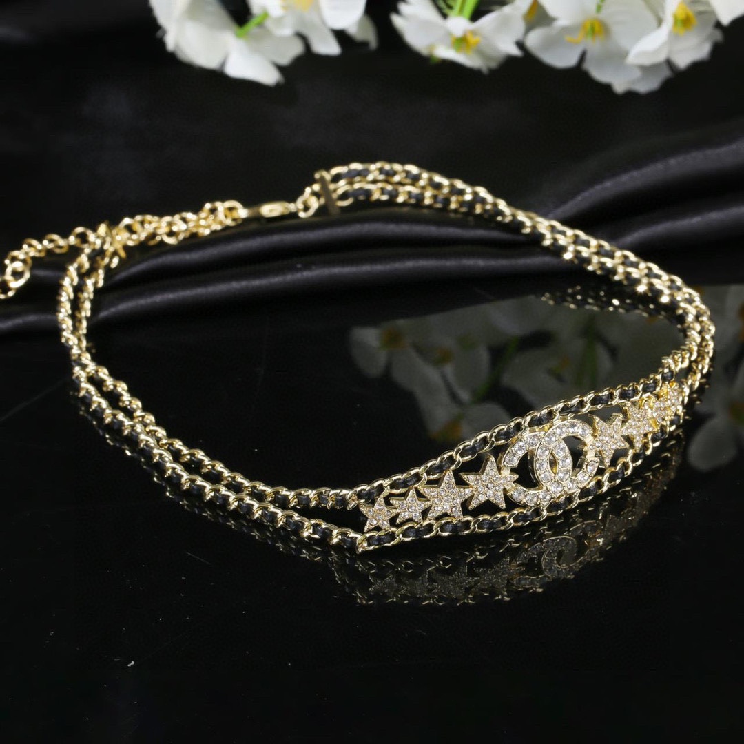 CCN472 CC metal leather double-deck star choker necklace - ccjewelryacc