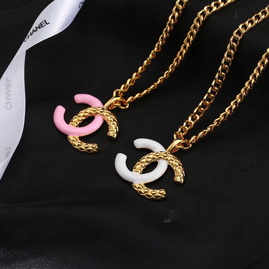 CCN474 CC metal chain Pink cc logo pendant necklace - ccfashionjewelry