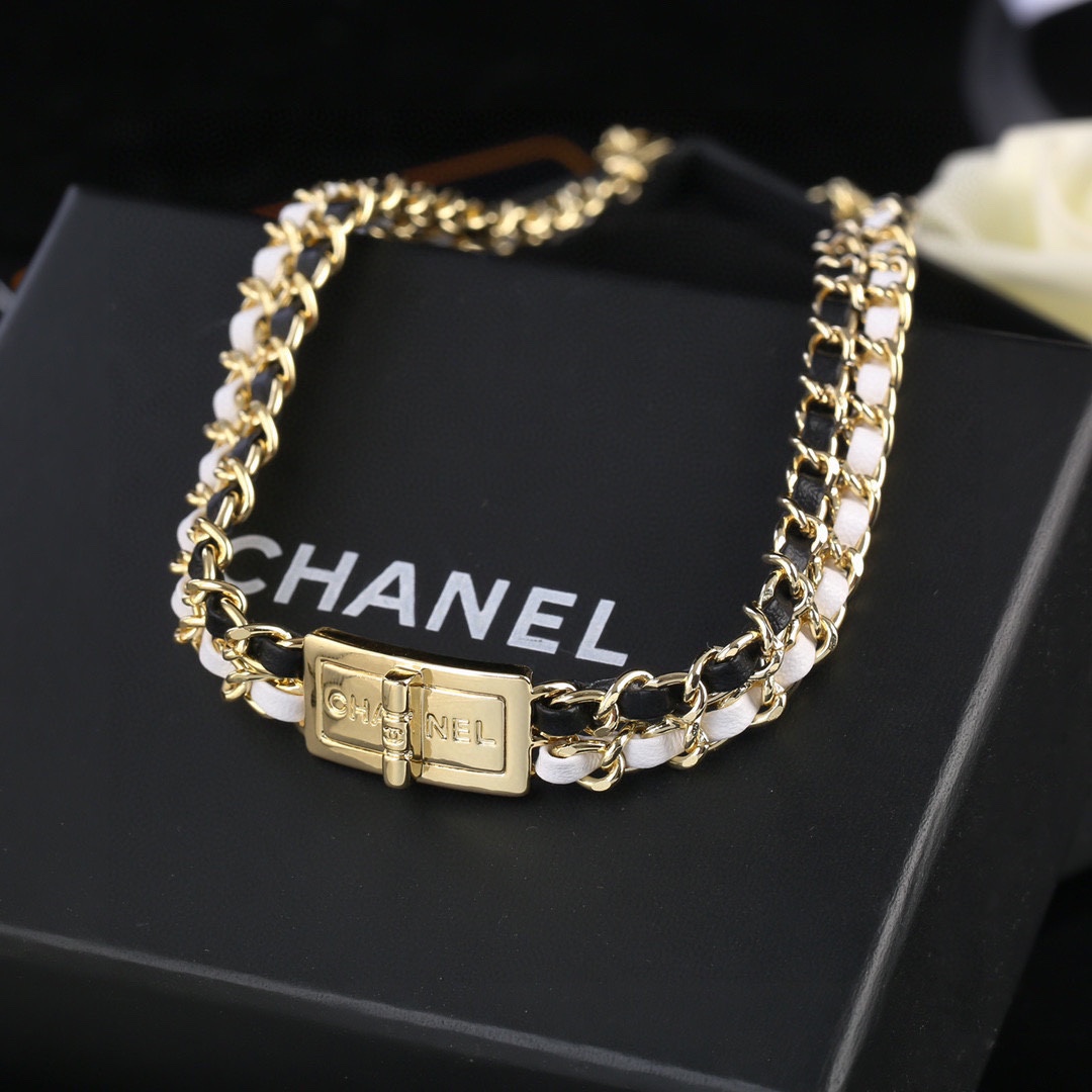 CCN478 CC white and black metal leather choker necklace - ccjewelryacc