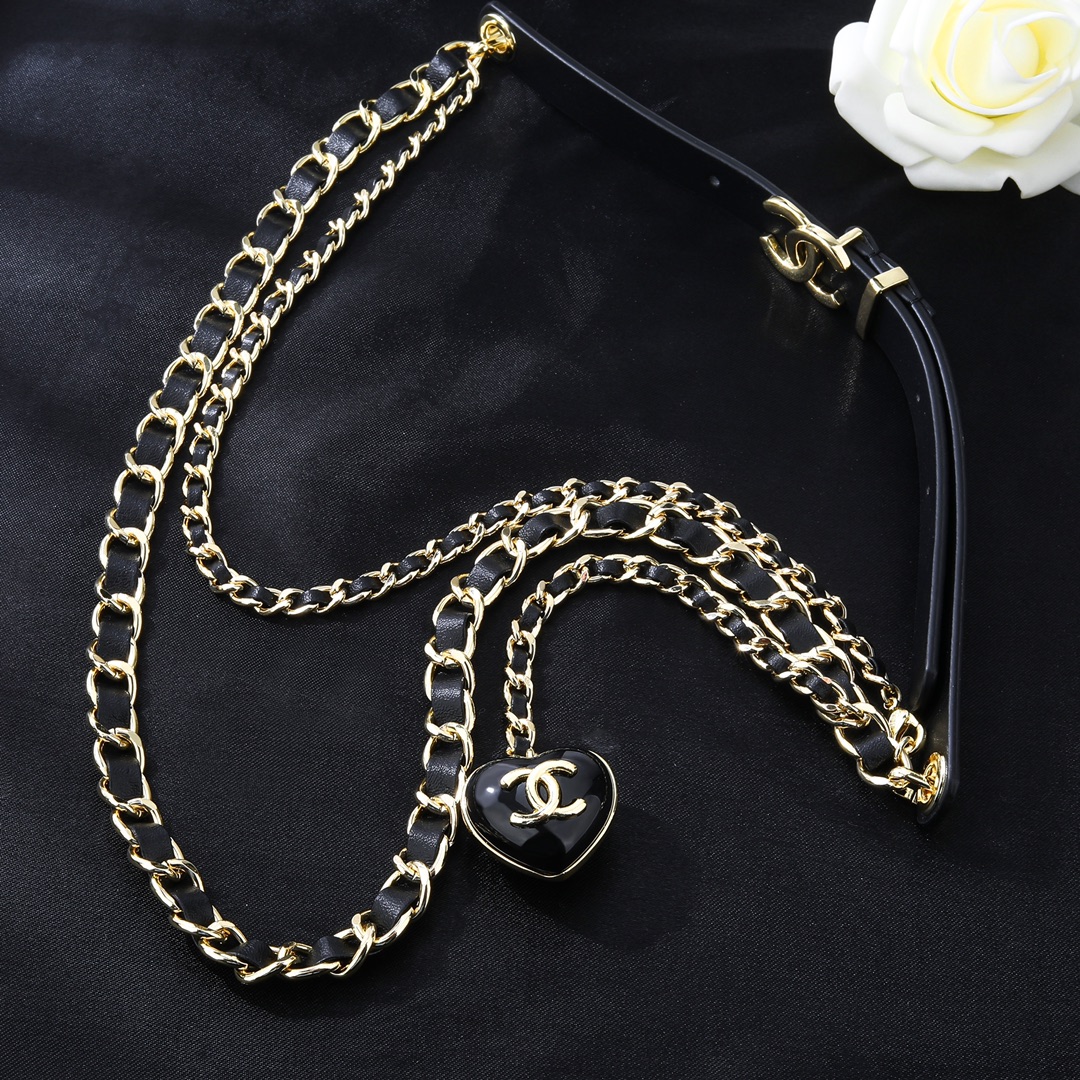 CCW054 CC metal leather with heart cc logo charm waist chain belt - ccjewelryacc