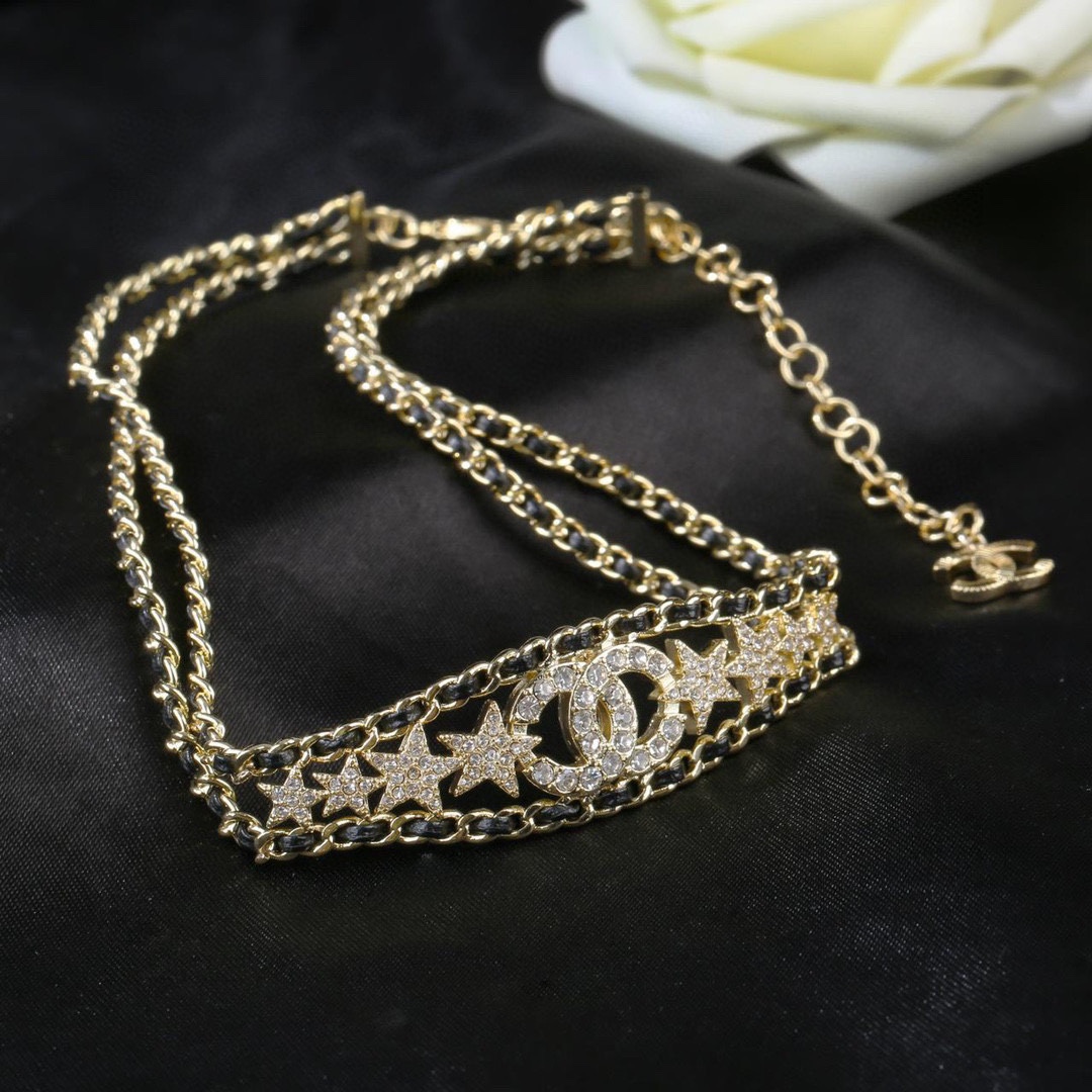 CCN472 CC metal leather double-deck star choker necklace - ccfashionjewelry