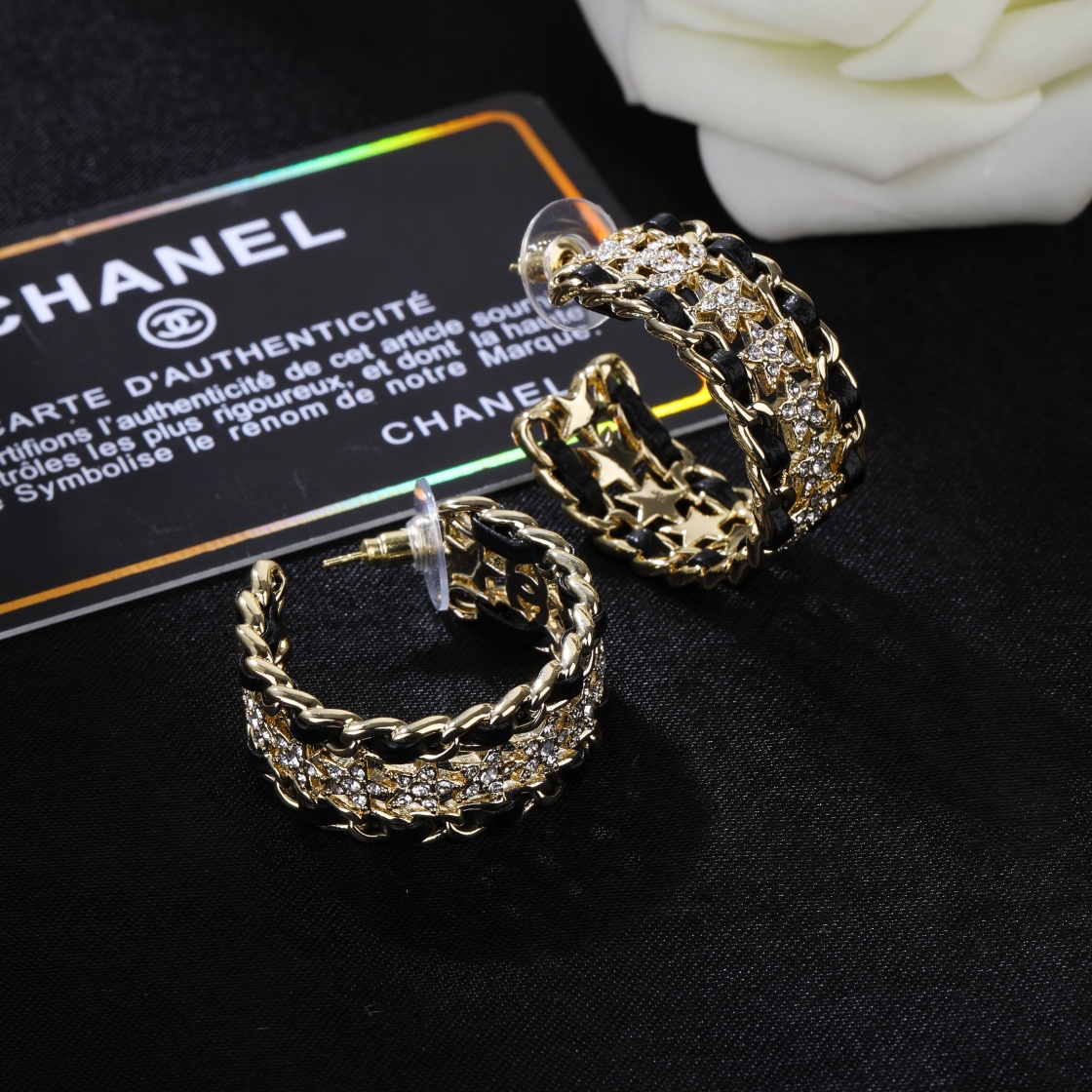 CCE782 Chanel Metal leather Star cc hoop earrings - ccjewelryacc