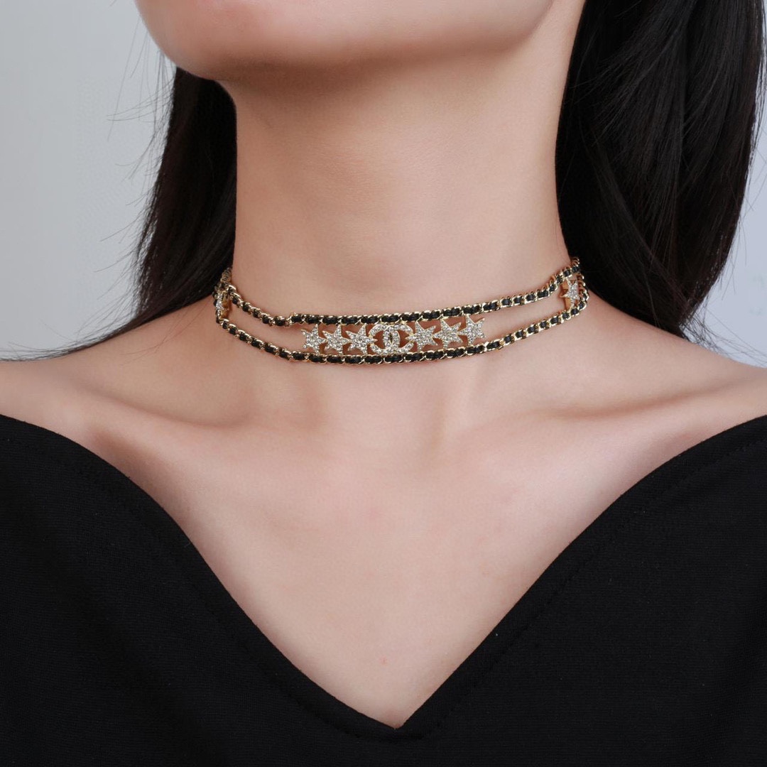 CCN472 CC metal leather double-deck star choker necklace - ccjewelryacc