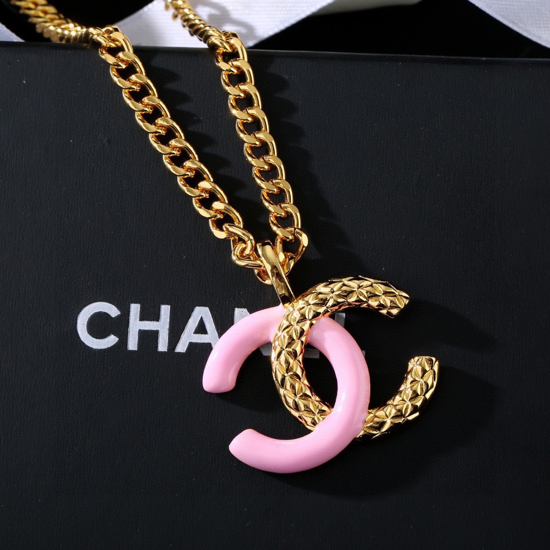 CCN474 CC metal chain Pink cc logo pendant necklace - ccjewelryacc