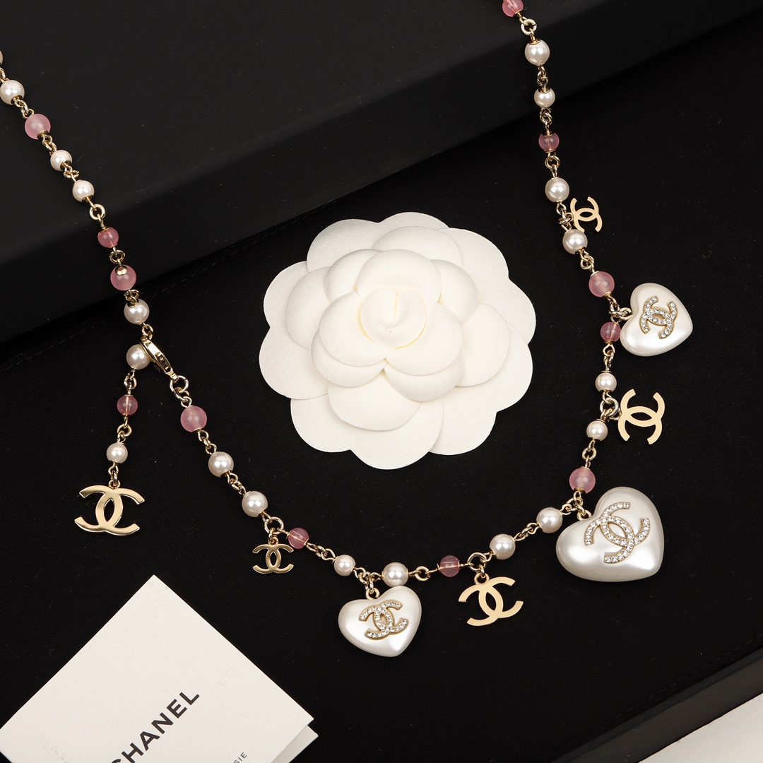 CCW029 Pink pearl heart CC Waist chain Sweater chain - ccjewelryacc