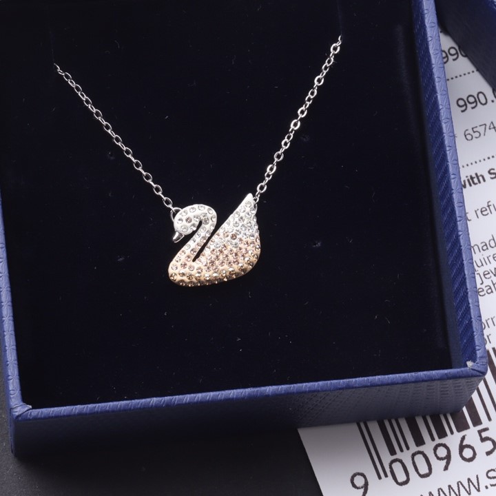 SVN005 Swarovski Gradient champagne crystal swan pendant necklace - ccjewelryacc