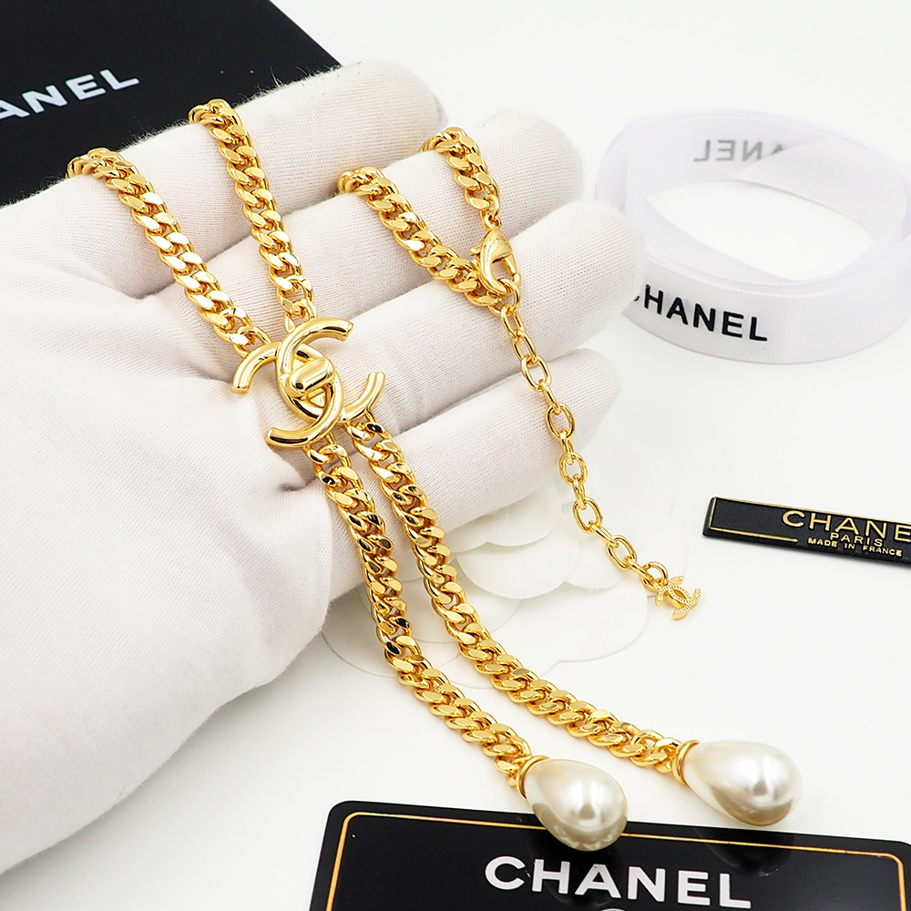 CCN479 CC metal gold chain cc logo pearl pendant necklace - ccjewelryacc