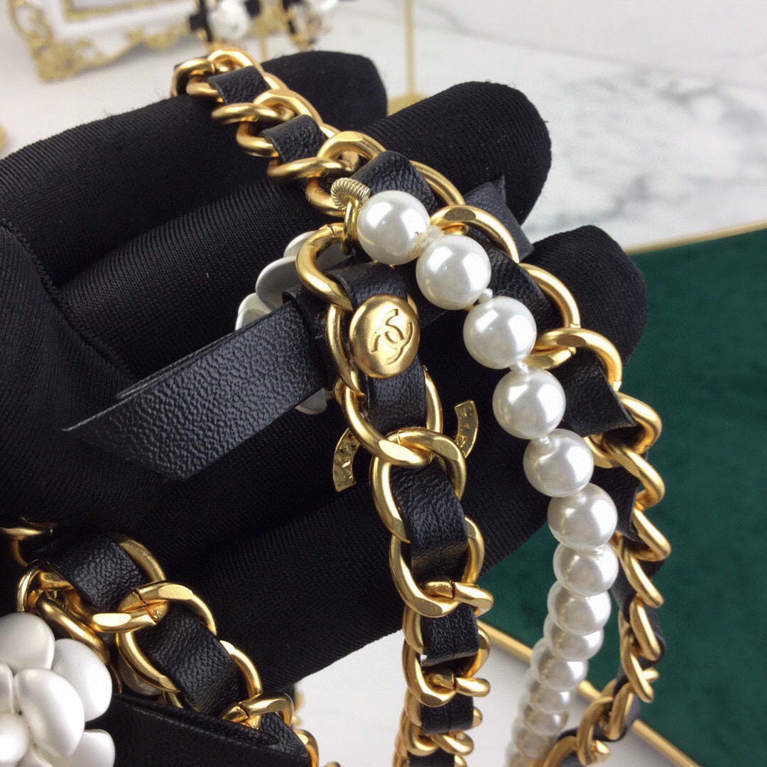 CCW069 CC metal leather pearl chain camellia cc logo waist chain belt - ccjewelryacc