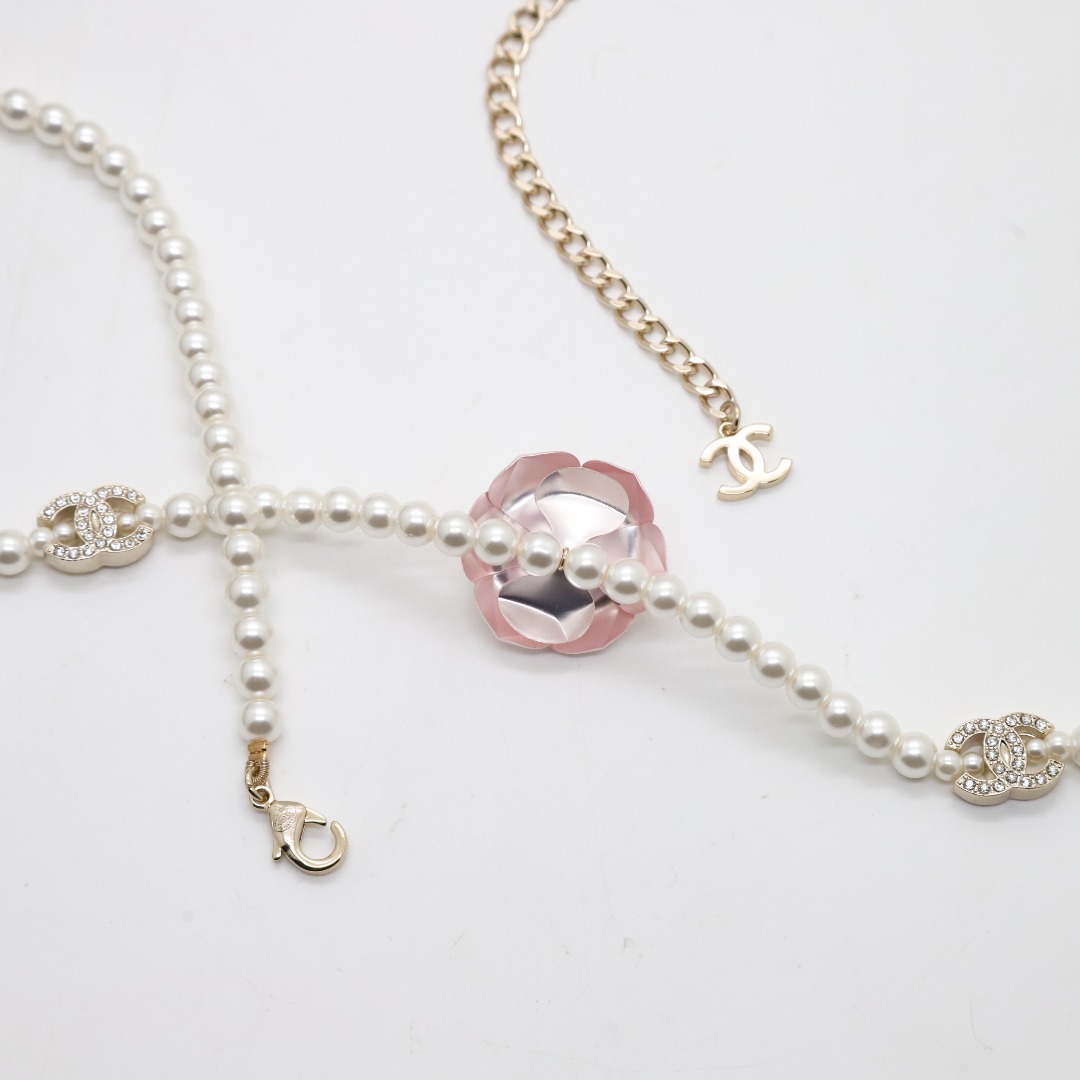 CCW075 Pink camellia pearl waist chain belt necklace - ccjewelryacc