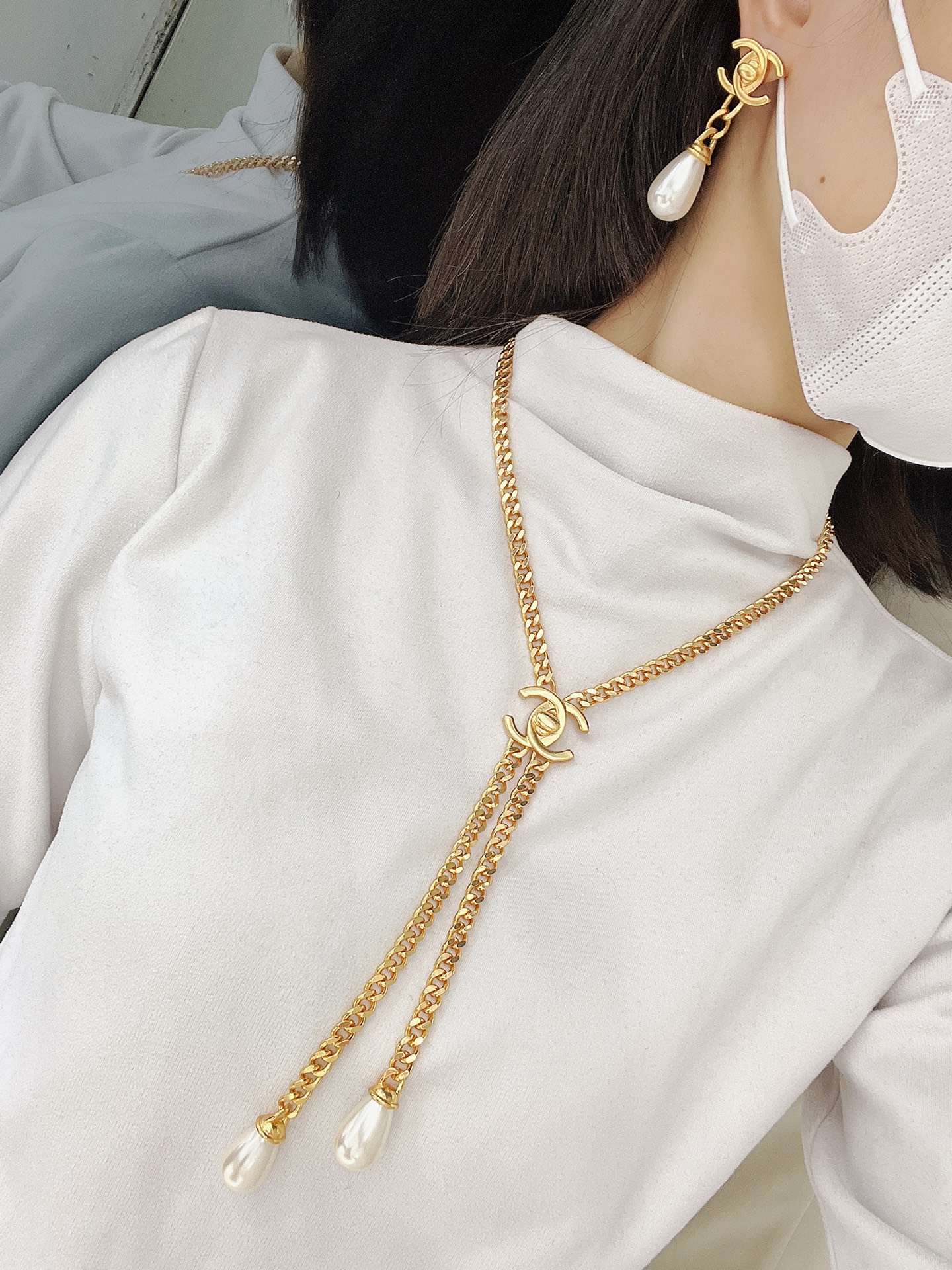 CCN479 CC metal gold chain cc logo pearl pendant necklace - ccjewelryacc