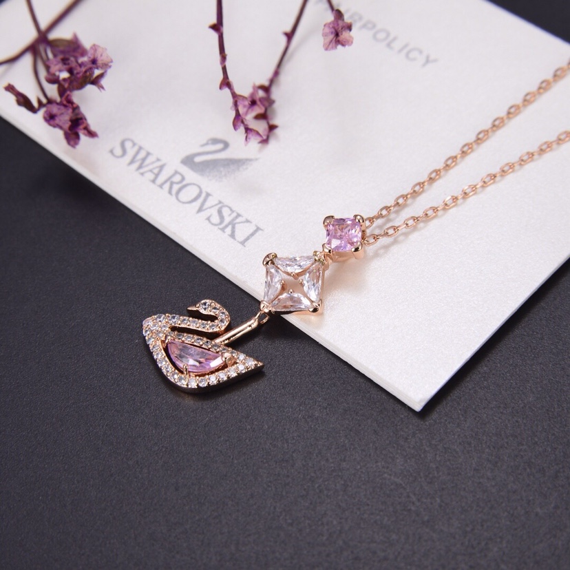 SVN008 Swarovski Pink crystal swan pendant necklace - ccjewelryacc