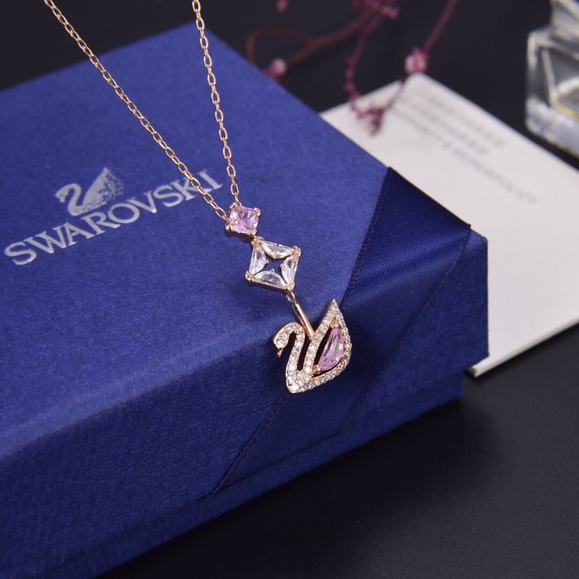 SVN008 Swarovski Pink crystal swan pendant necklace - ccjewelryacc