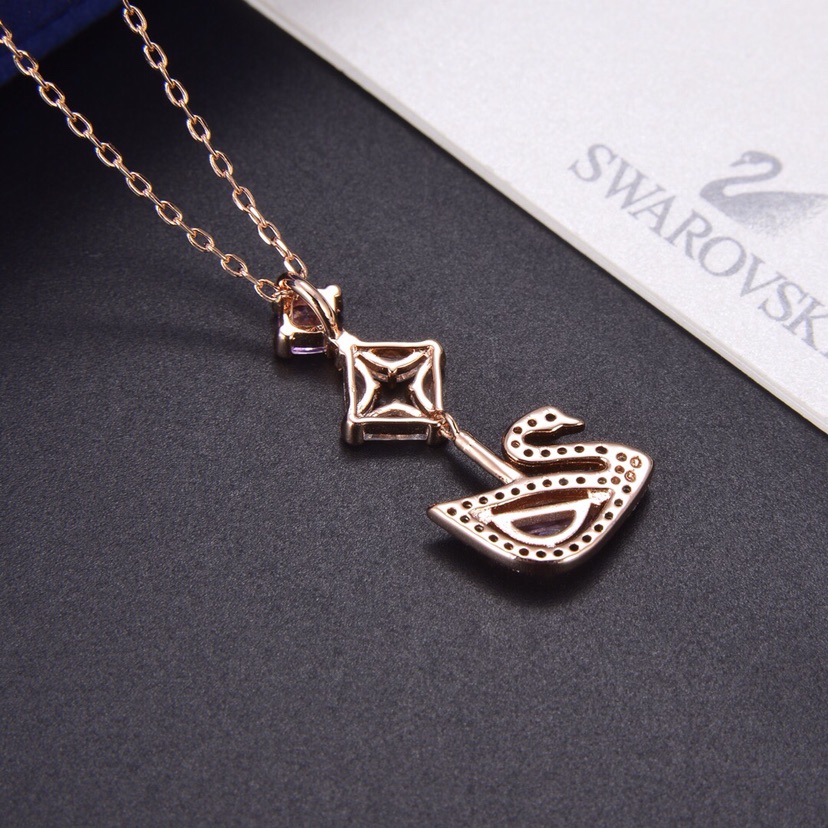 SVN008 Swarovski Pink crystal swan pendant necklace - ccjewelryacc