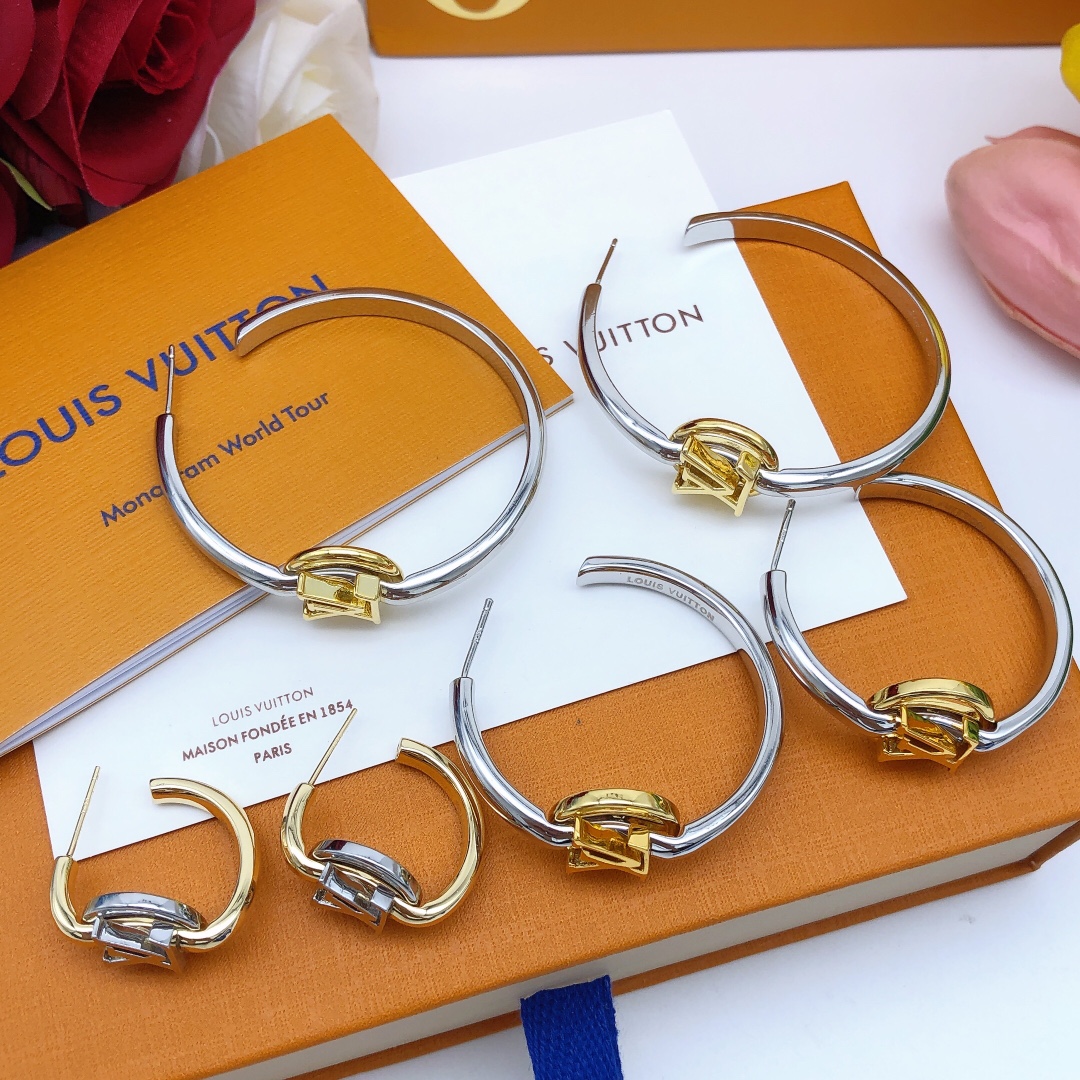LVE058 Metal Silver hoop earring with gold lv logo - ccjewelryacc