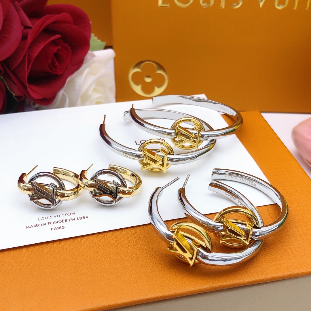 LVE058 Metal Silver hoop earring with gold lv logo - ccjewelryacc