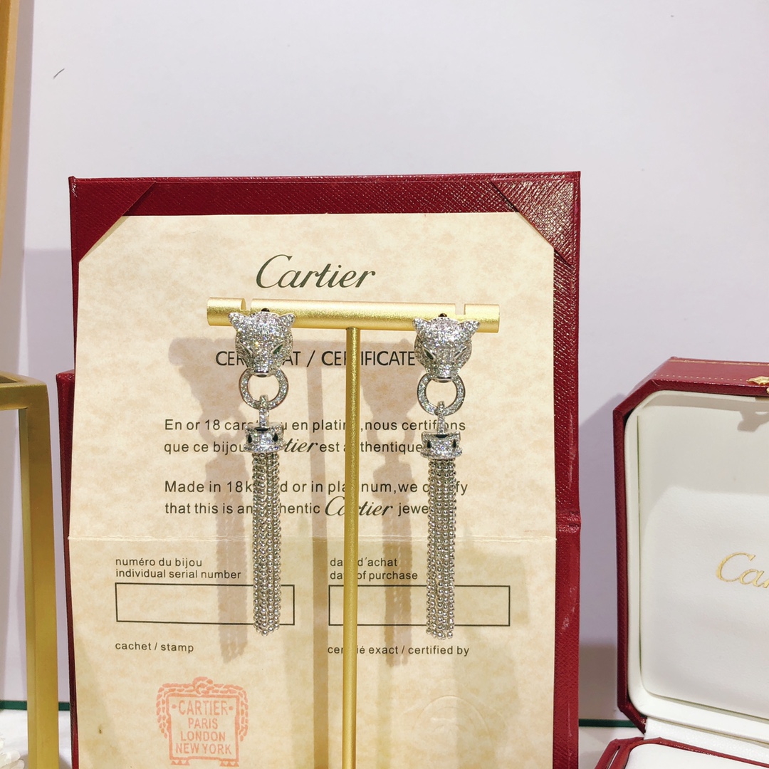 CTEV005 18K Gold full diamond leopard tassels earrings - ccjewelryacc