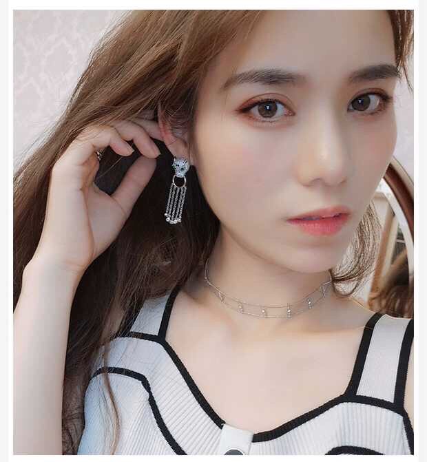 CTEV003 18K White Gold Panther tassels earrings - ccjewelryacc