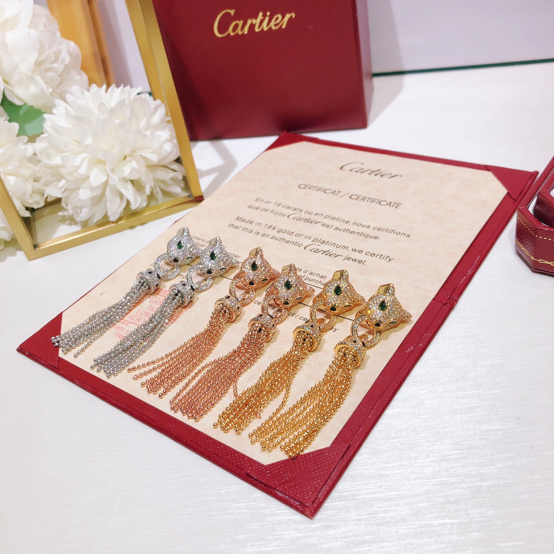CTEV005 18K Gold full diamond leopard tassels earrings - ccfashionjewelry