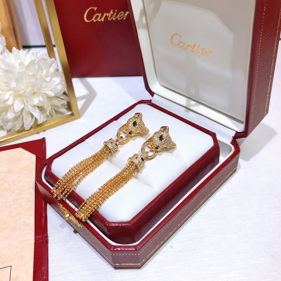 CTEV005 18K Gold full diamond leopard tassels earrings - ccjewelryacc