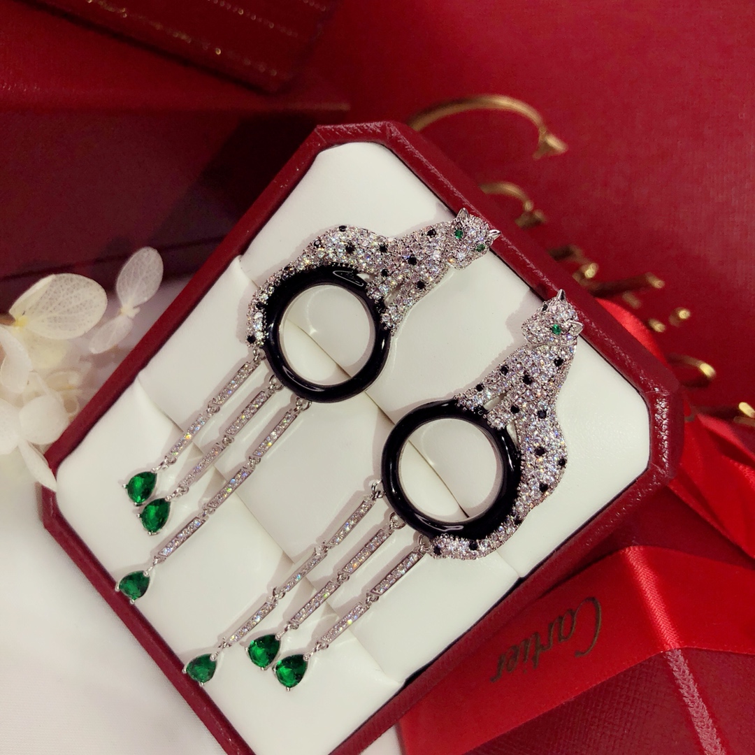 CTEV002 18k White Gold full diamond Panther tassels earrings - ccfashionjewelry