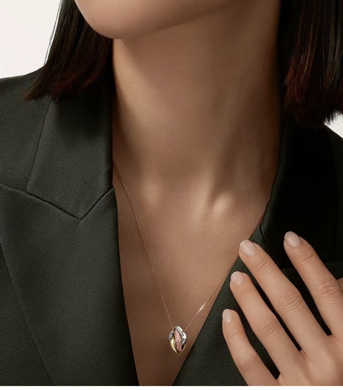 CTNV002 18K Gold Trinity pendant, cushion-shaped, half-paved - ccjewelryacc