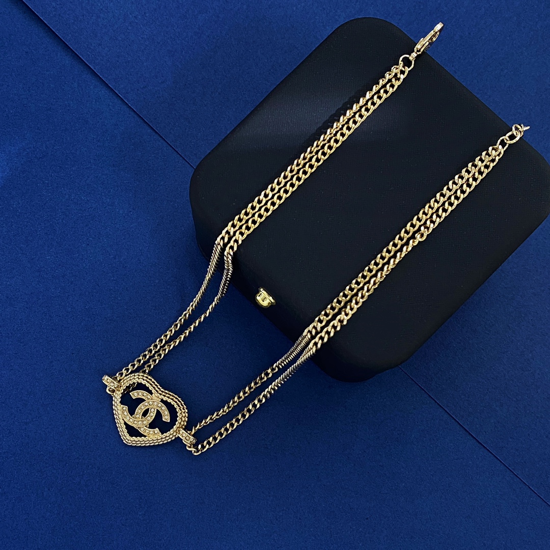 CCN483 Heart CC logo double chain choker necklace - ccjewelryacc