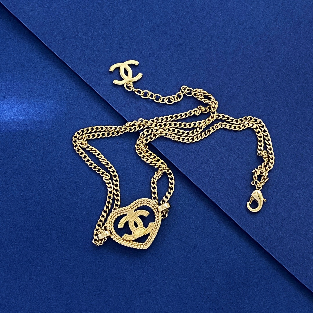 CCN483 Heart CC logo double chain choker necklace - ccjewelryacc