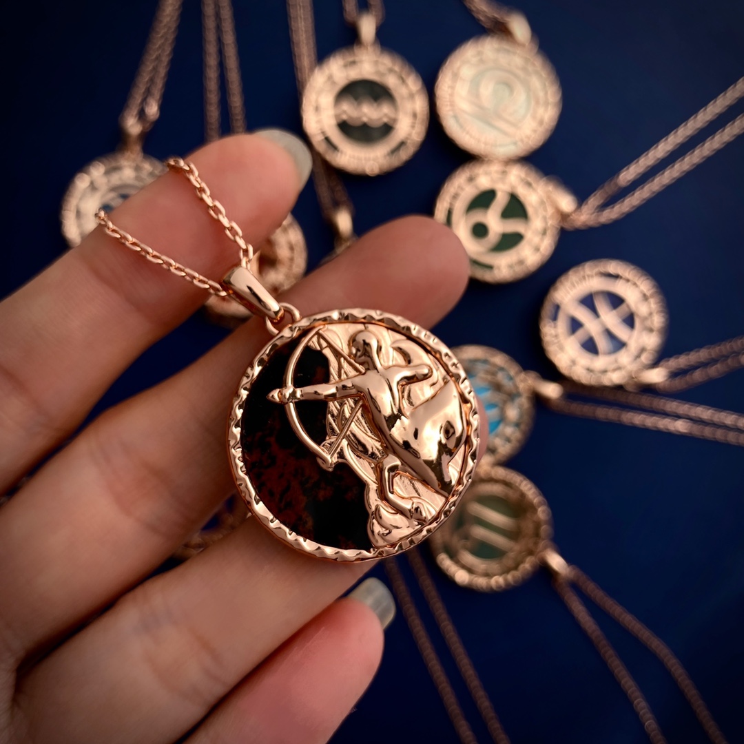 VCN015 Vca embossment zodiac Long chain sweater necklace - ccjewelryacc