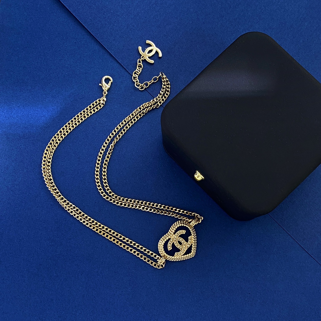 CCN483 Heart CC logo double chain choker necklace - ccjewelryacc