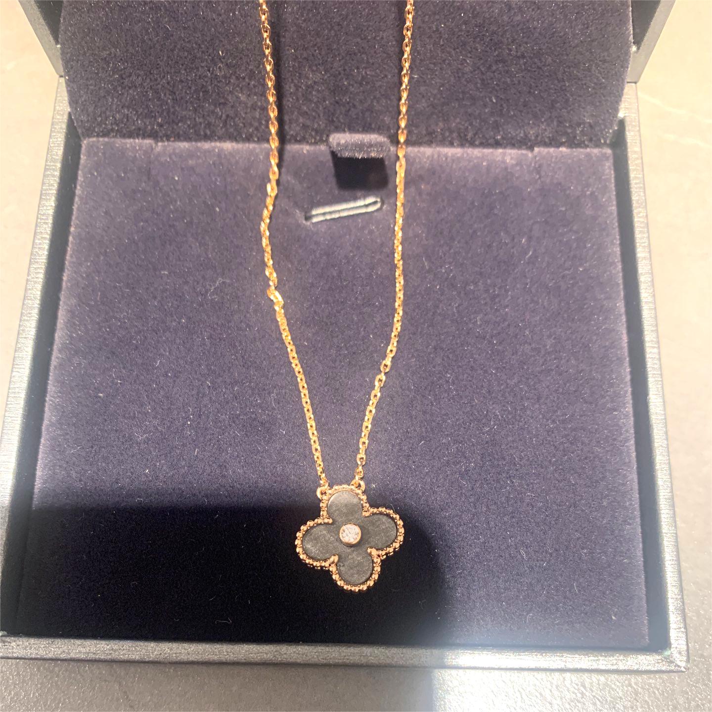 VCN020 Silver obsidian Gemstone Vintage Alhambra necklace - ccjewelryacc