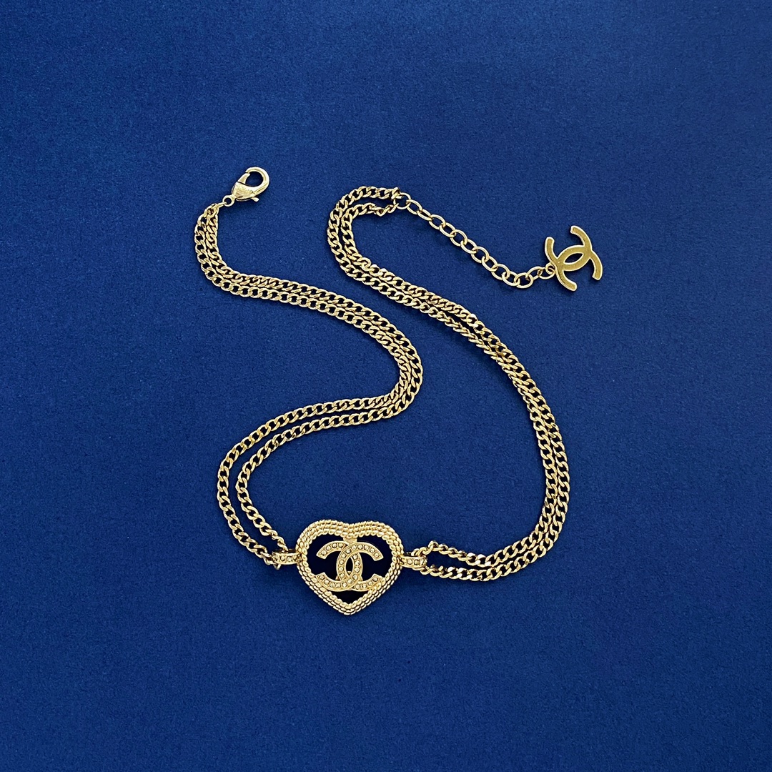 CCN483 Heart CC logo double chain choker necklace - ccjewelryacc