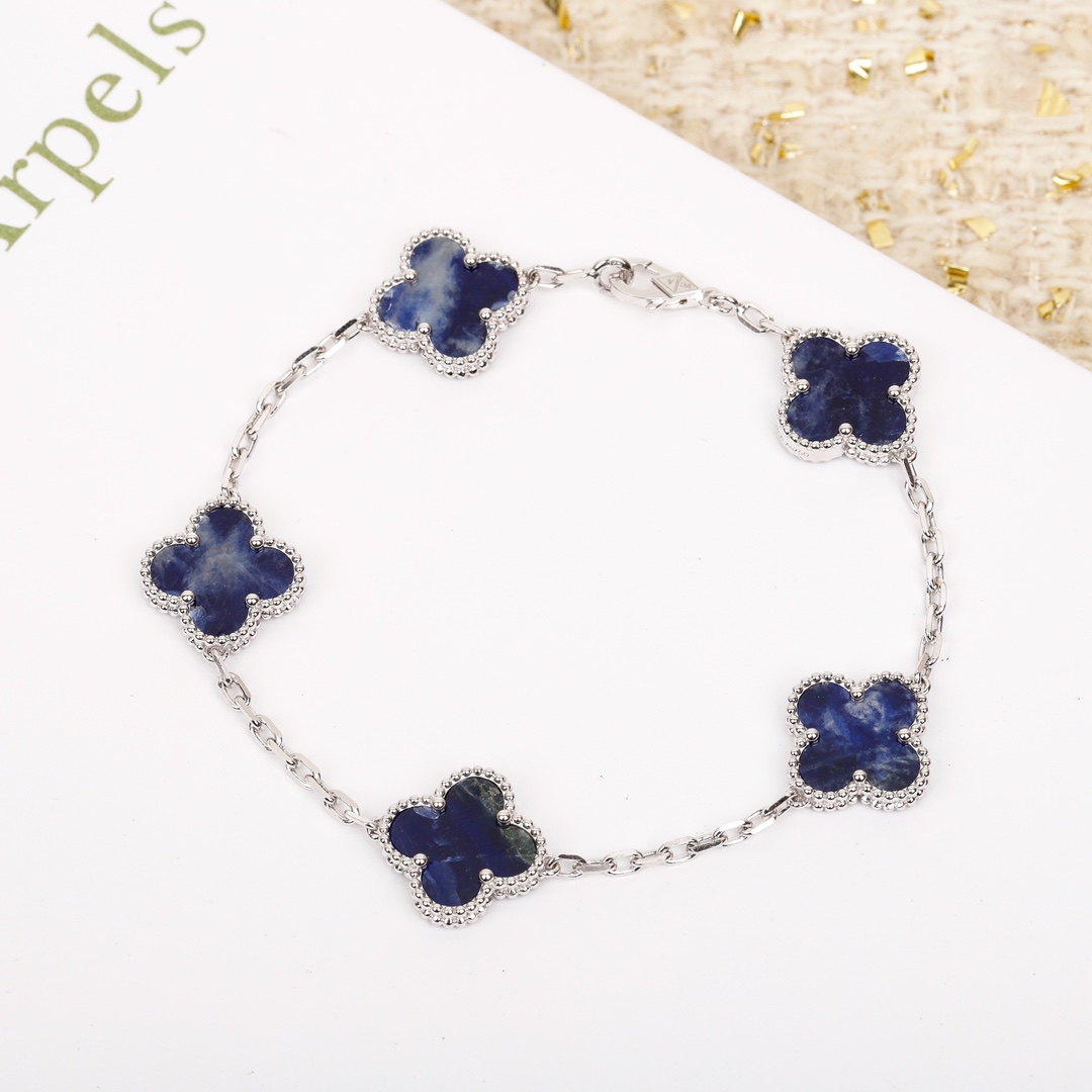 VCSV007 S925 sterling silver Van cleef alhambra bracelet 5 motif Pietersite 18k white gold plated - ccjewelryacc