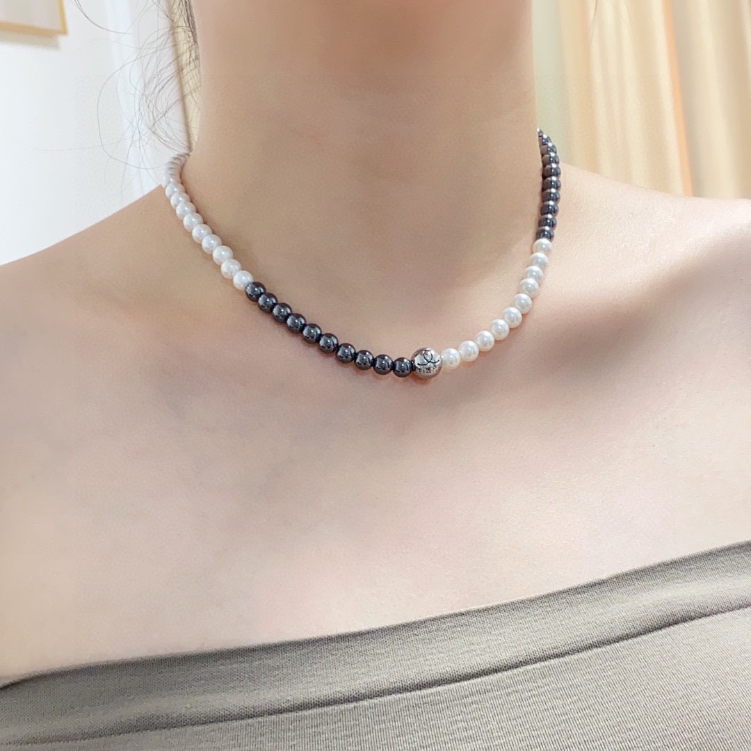 CCN488 CC black gallstone pearl choker necklace - ccjewelryacc