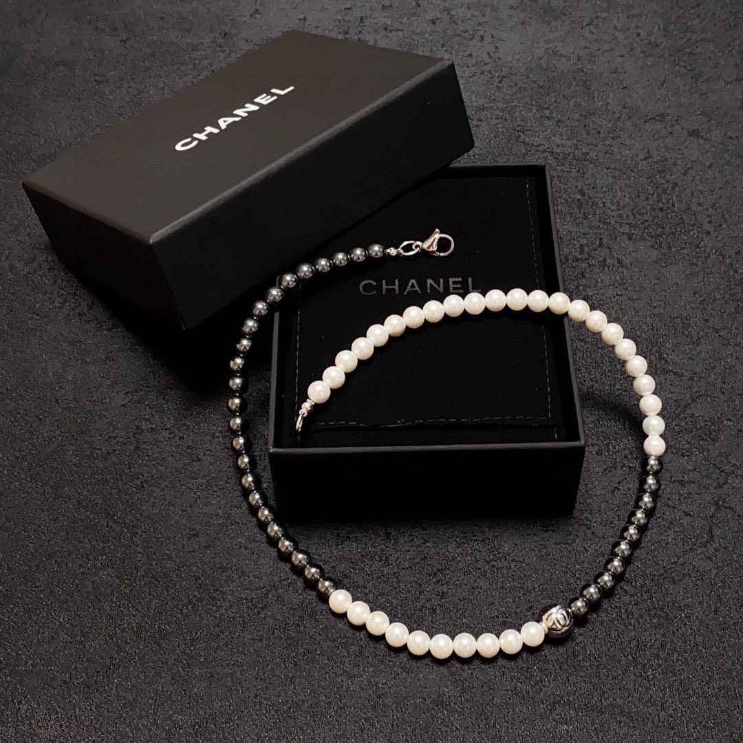 CCN488 CC black gallstone pearl choker necklace - ccjewelryacc