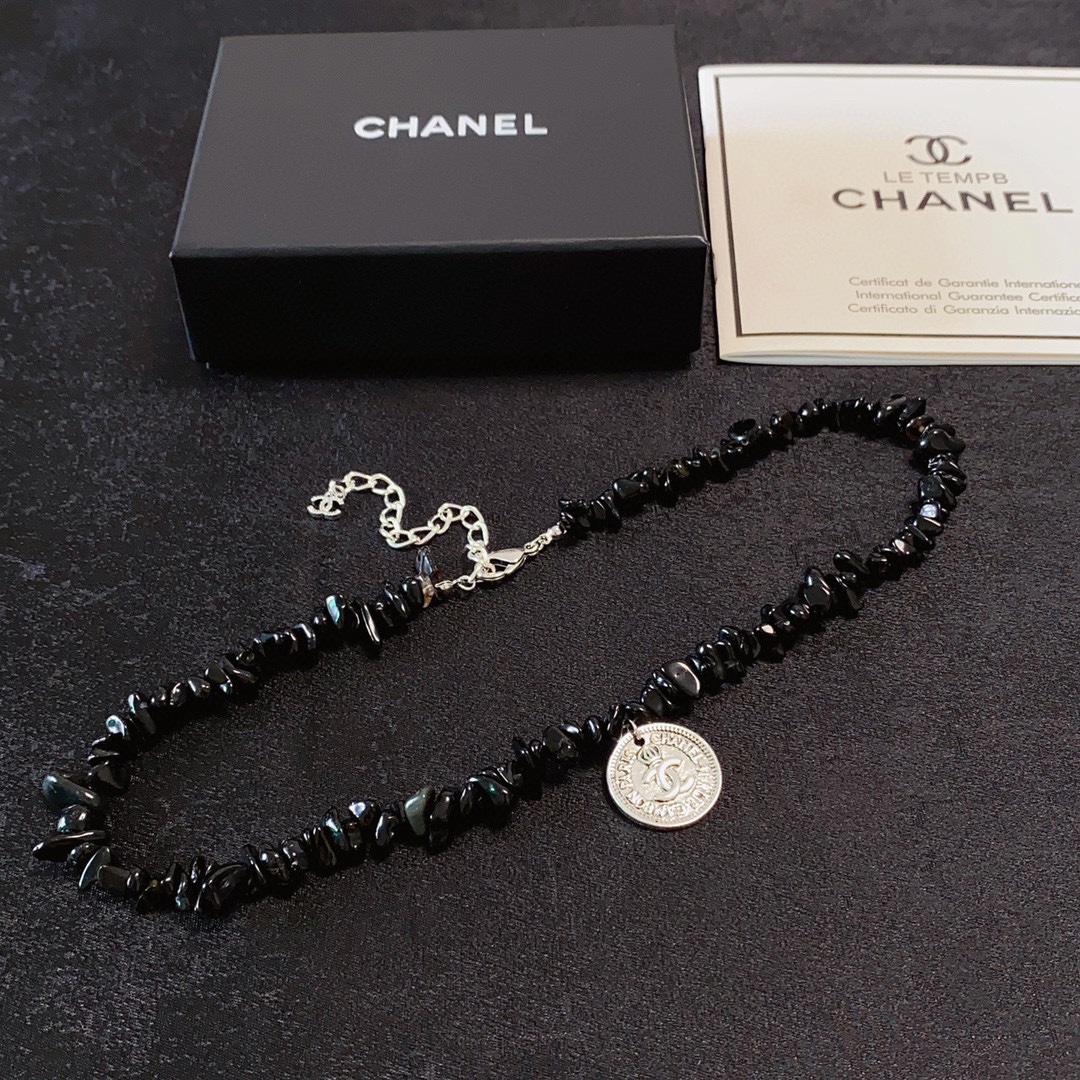 CCN482 CC Black onyx stone letter pendant chunky necklace - ccfashionjewelry