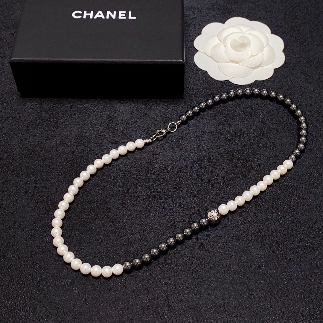 CCN488 CC black gallstone pearl choker necklace - ccjewelryacc