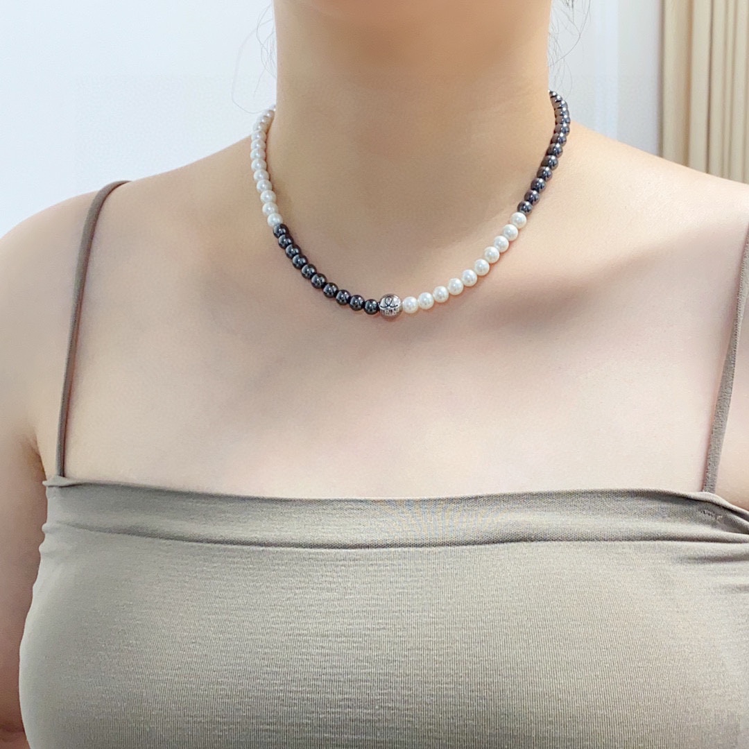 CCN488 CC black gallstone pearl choker necklace - ccjewelryacc