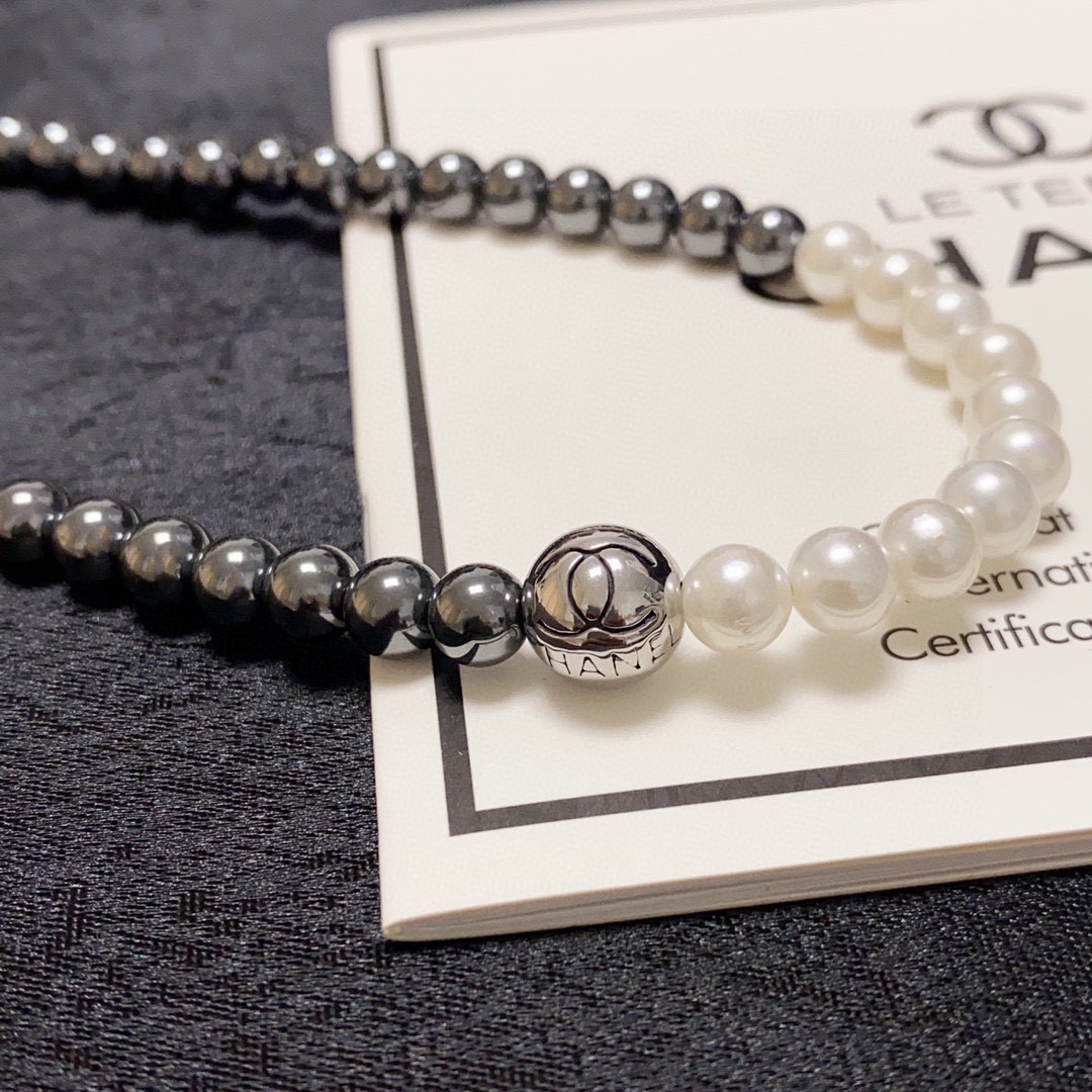 CCN488 CC black gallstone pearl choker necklace - ccjewelryacc