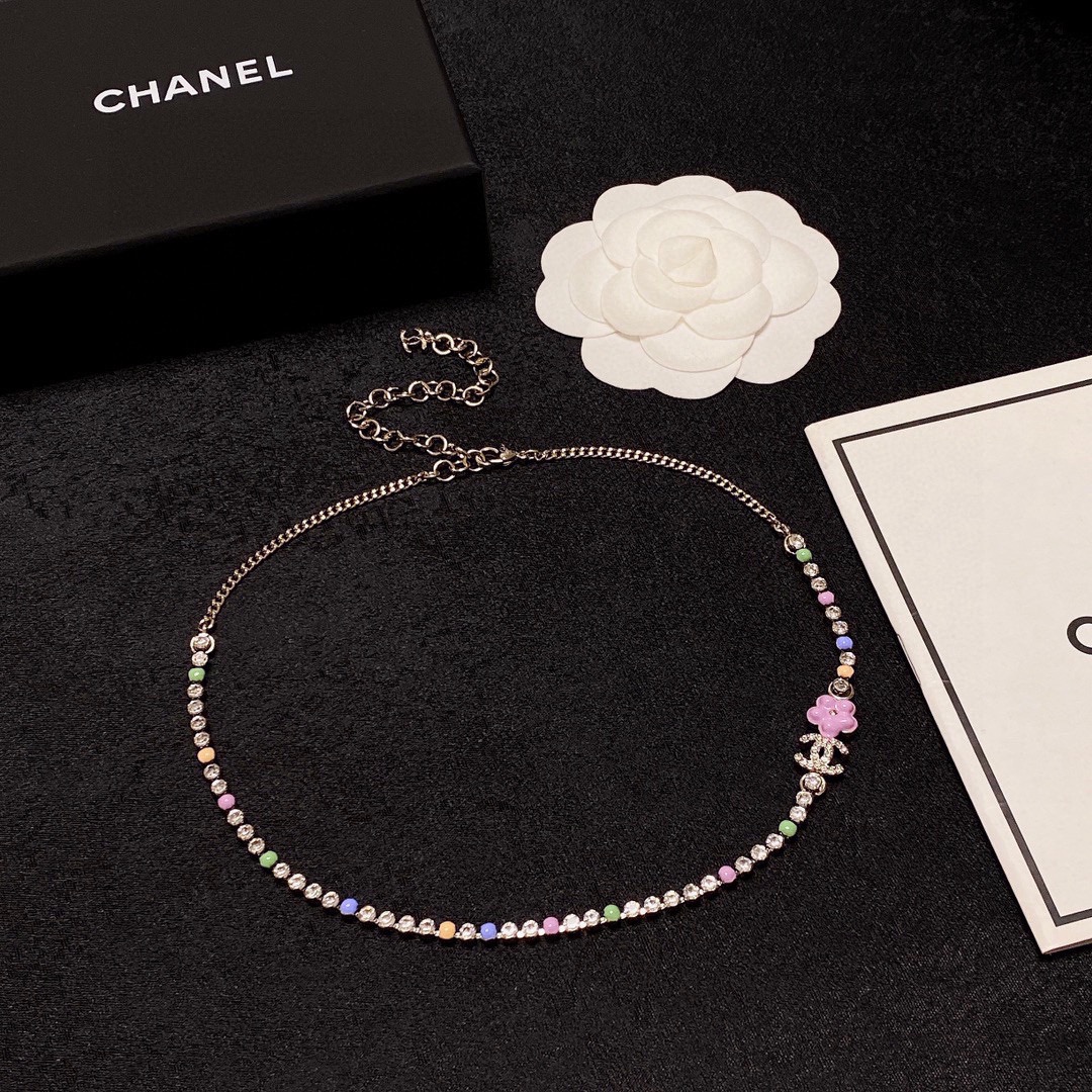 CCN487 Pink flower with crystal diamond CC logo choker necklace - ccfashionjewelry