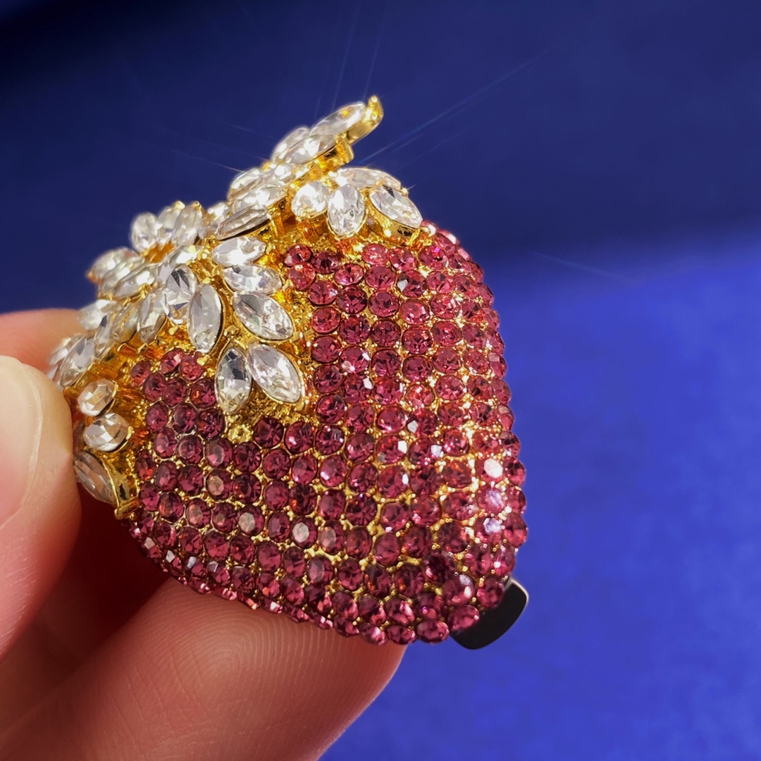 OJB0001 Full crystal diamond Pink strawberry brooch pin - ccjewelryacc