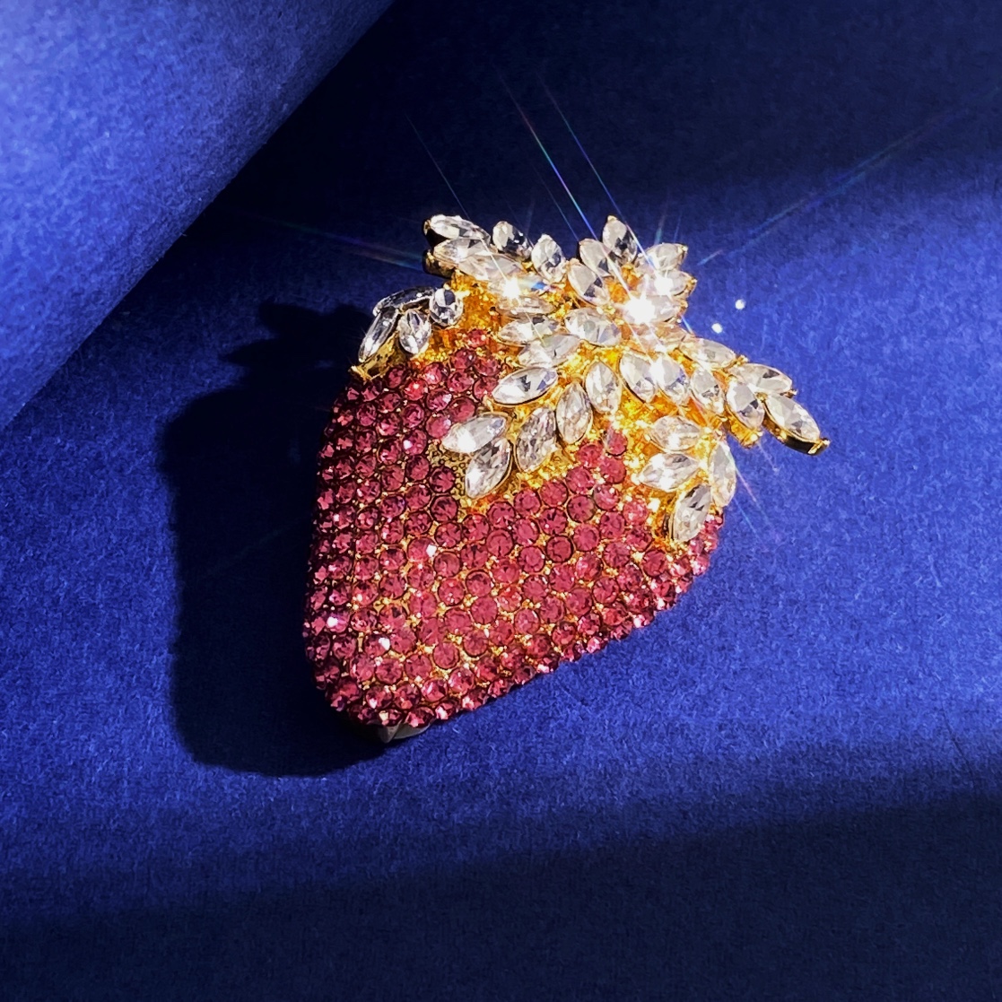 OJB0001 Full crystal diamond Pink strawberry brooch pin - ccjewelryacc